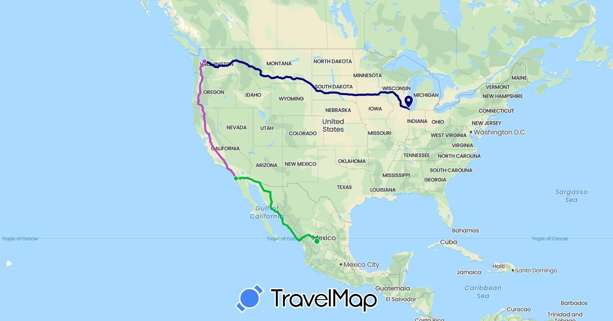 TravelMap itinerary: driving, bus, train in Mexico, United States (North America)